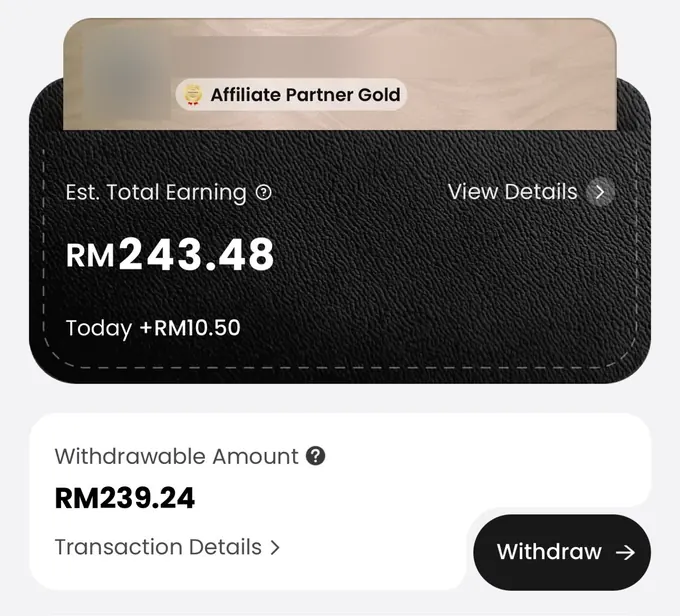 Paparan dashboard MOVA Partner Gold, estimated total earning RM243.48, withdrawable amount RM239.24. Nama dan foto disamarkan.