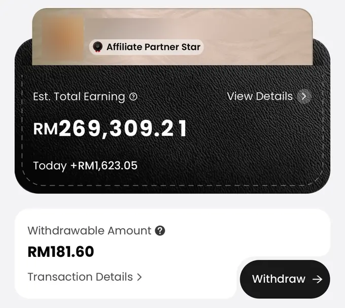 Paparan dashboard MOVA Partner Star, estimated total earning RM269309.21, withdrawable amount RM181.60. Nama dan foto disamarkan.