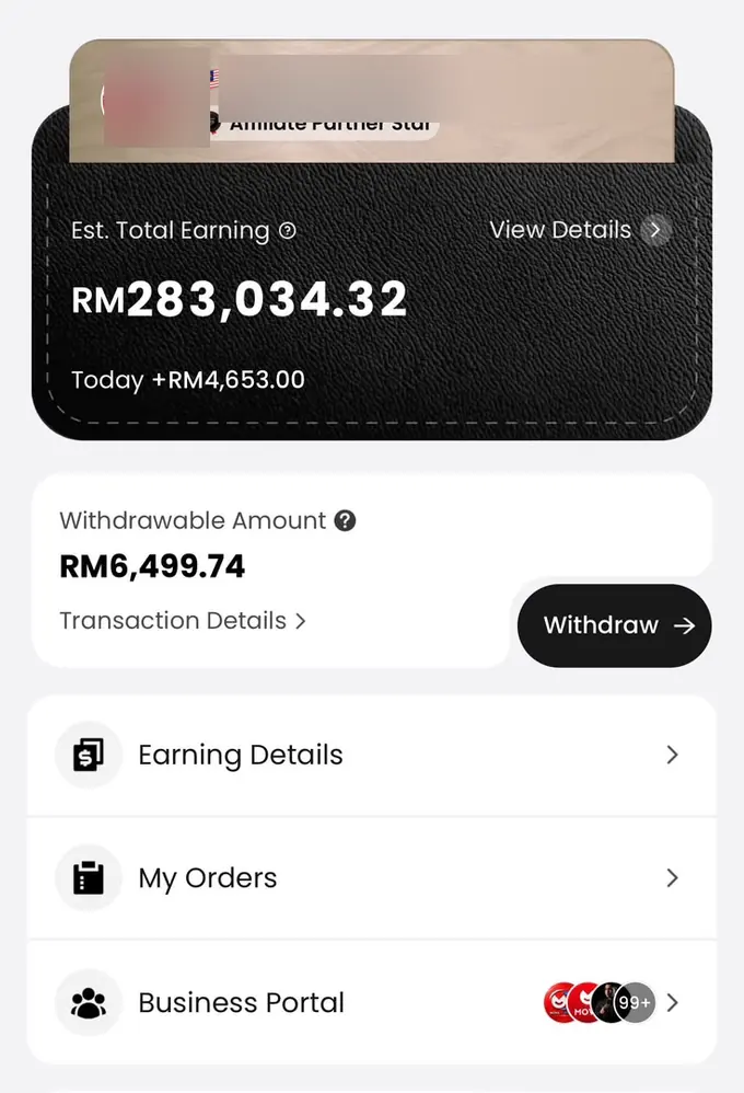 Paparan dashboard MOVA Partner Star, estimated total earning RM283034.32, withdrawable amount RM6499.74. Nama dan foto disamarkan.