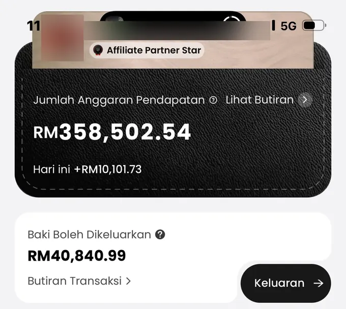 Paparan dashboard MOVA Partner Star, estimated total earning RM358502.54, withdrawable amount RM40840.99. Nama dan foto disamarkan.